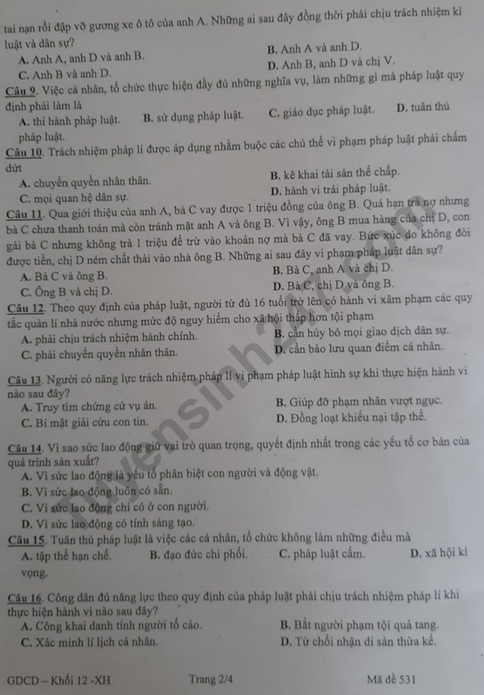 De kiem tra HK1 mon GDCD lop 12 Truong THPT Tan Binh 2020