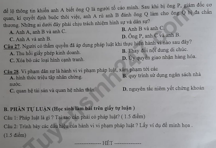 De kiem tra HK1 mon GDCD lop 12 Truong THPT Tan Binh 2020