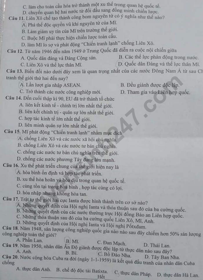 De kiem tra giua hoc ki 1 mon Su lop 12 - THPT Can Thanh 2020