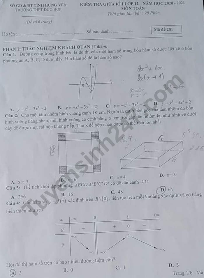 De kiem tra giua ki 1 lop 12 mon Toan - THPT Duc Hop nam 2020