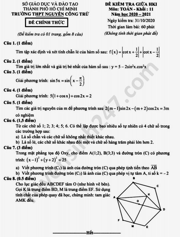 De kiem tra giua HK1 2020 mon Toan lop 11 THPT Nguyen Cong Tru