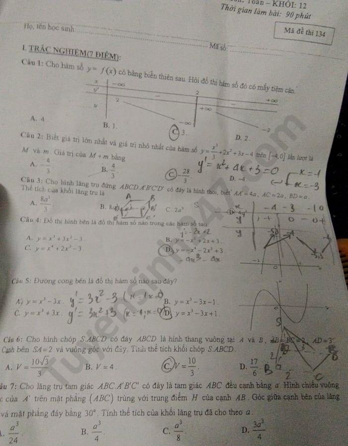 De kiem tra giua HK1 mon Toan lop 12 THPT Le Trong Tan 2020