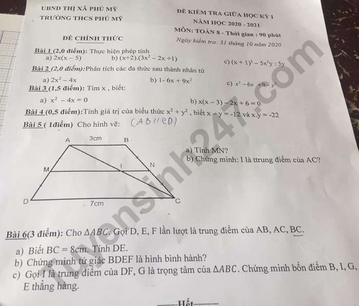 De kiem tra giua hoc ki 1 mon Toan lop 8 Truong THCS Phu My 2020