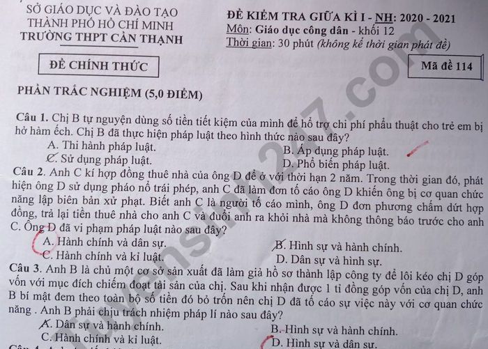 De kiem tra giua ki 1 mon GDCD lop 12 THPT Can Thanh 2020