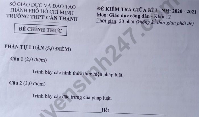 De kiem tra giua ki 1 mon GDCD lop 12 THPT Can Thanh 2020