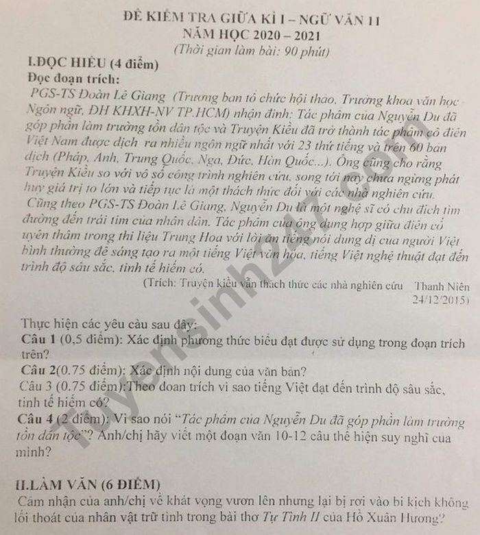 De kiem tra giua hoc ki 1 mon Van 11 Truong THPT Quang Oai 2020