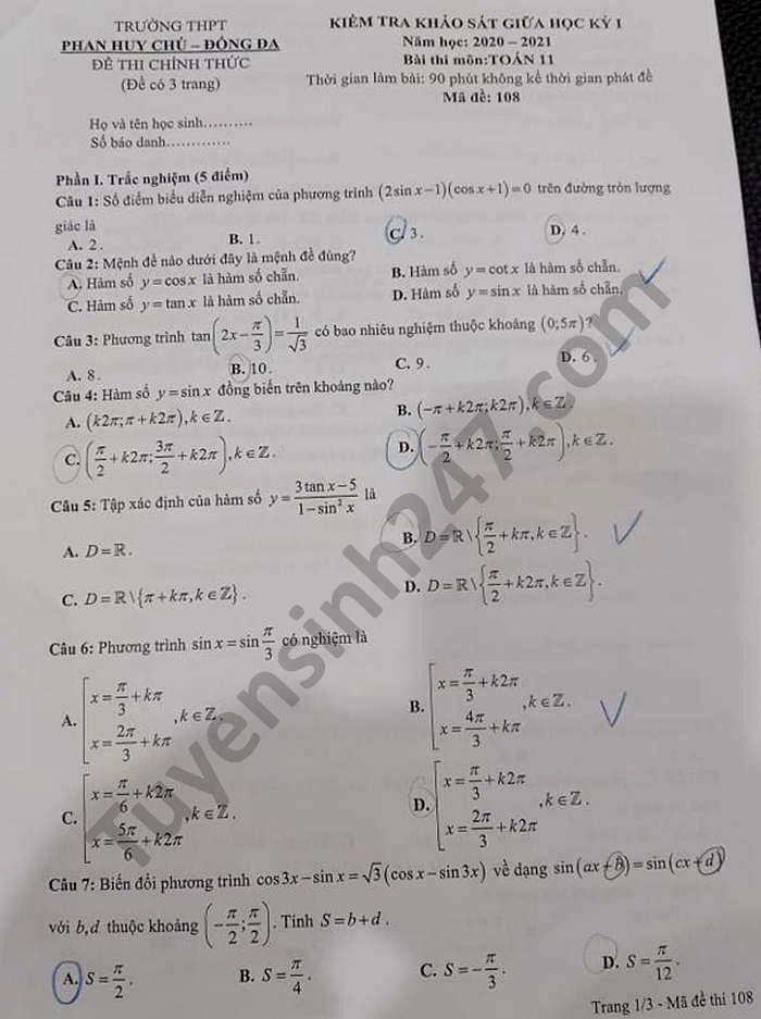 De thi giua HK1 THPT Phan Huy Chu nam 2020 Toan lop 11