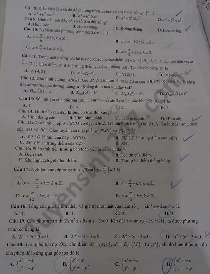 De thi giua HK1 THPT Phan Huy Chu nam 2020 Toan lop 11