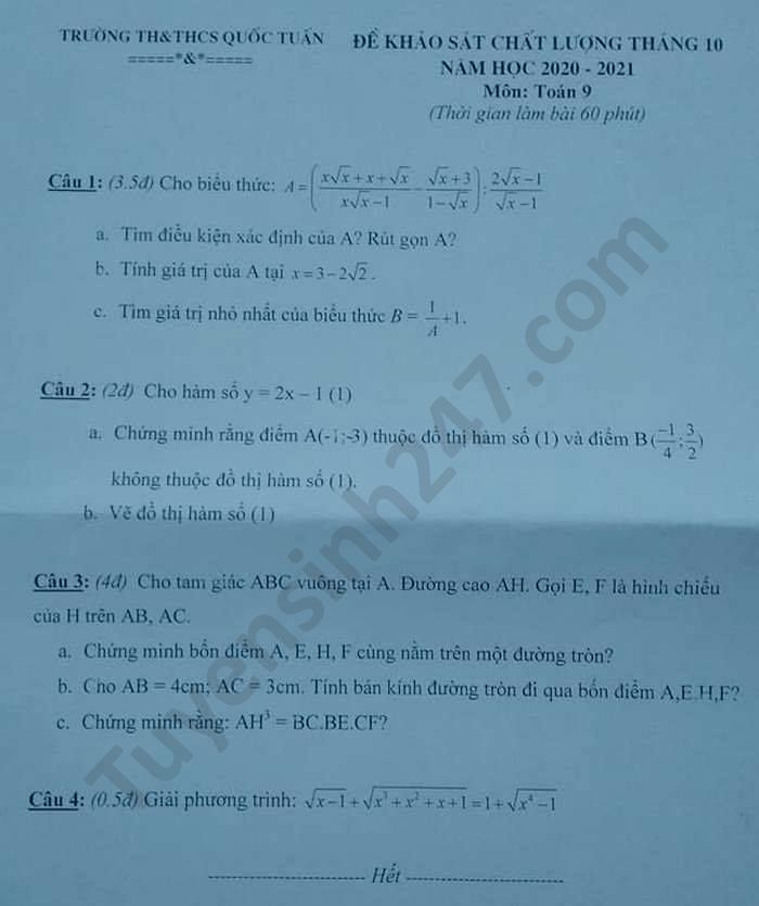 De khao sat thang 10 Toan lop 9 TH-THCS Tran Quoc Tuan 2020