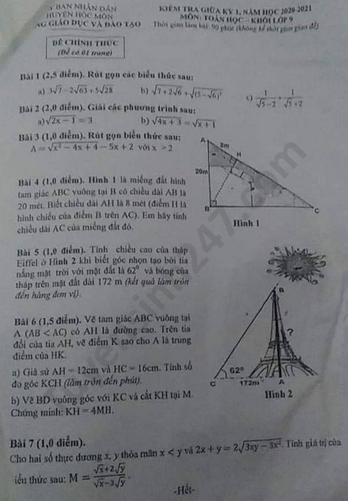 De kiem tra giua HK1 nam 2020 Toan lop 9 huyen Hoc Mon
