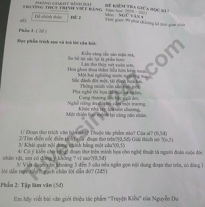 De kiem tra giua HK1 mon Van lop 9 THCS Trinh Viet Bang 2020