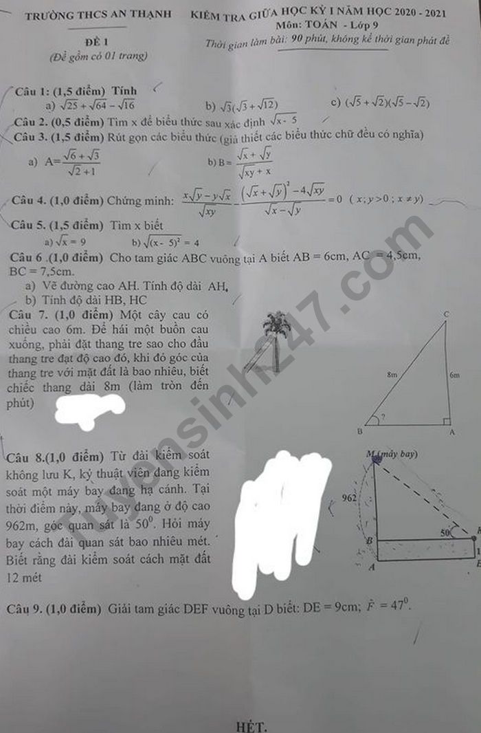 De kiem tra giua ki 1 mon Toan lop 9 THCS An Thanh nam 2020