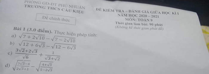 De kiem tra giua HK1 lop 9 mon Toan - THCS Cau Kieu nam 2020