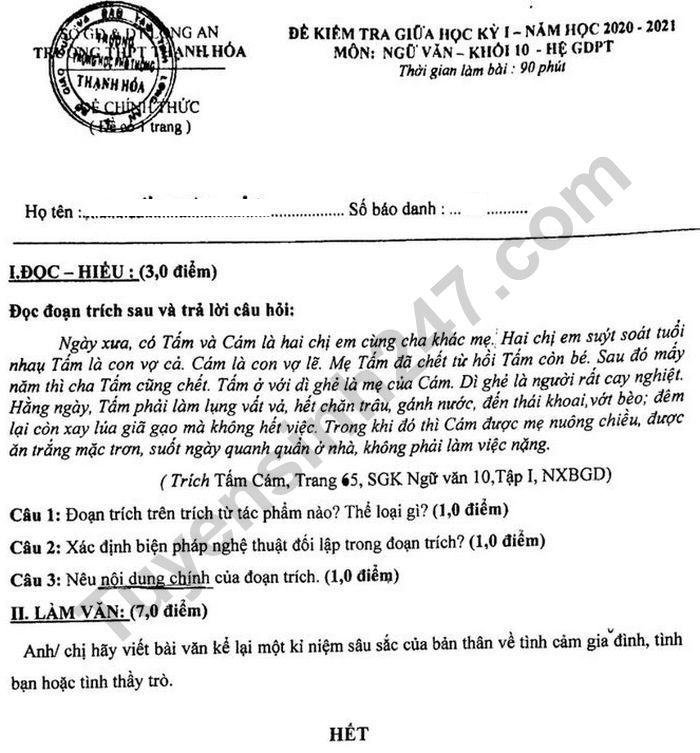 De kiem tra giua HK1 mon Van lop 10 THPT Thanh Hoa nam 2020