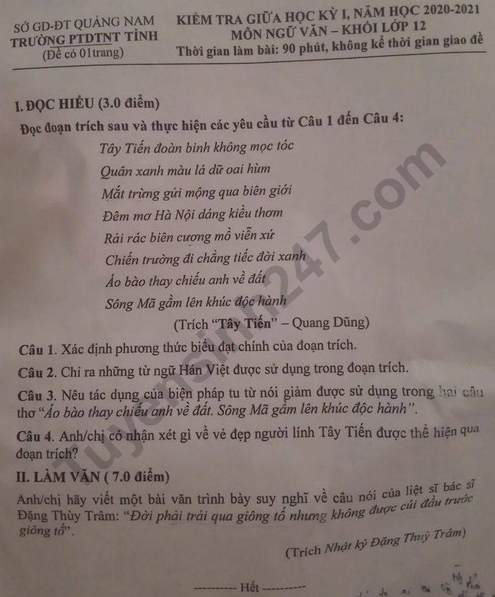De kiem tra giua HK1 Van lop 12 PTDTNT tinh Quang Nam 2020