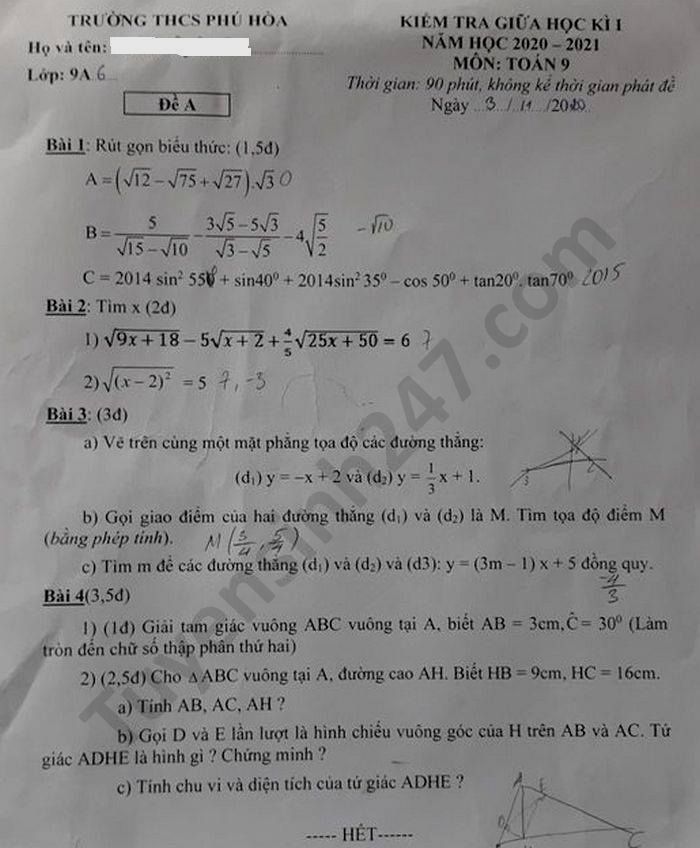 De kiem tra giua HK1 nam 2020 THCS Phu Hoa Toan lop 9