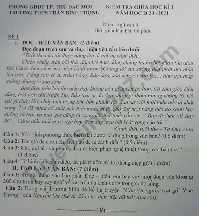 De kiem tra giua HK1 mon Van lop 9 THCS Tran Binh Trong 2020