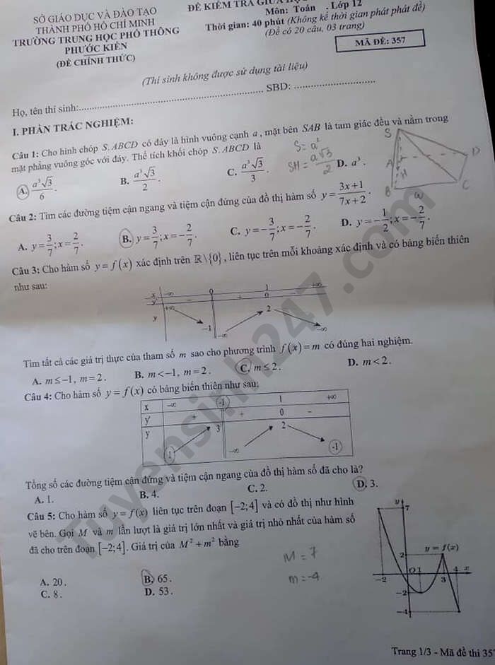 De kiem tra giua HK1 mon Toan lop 12 THPT Phuoc Kien 2020