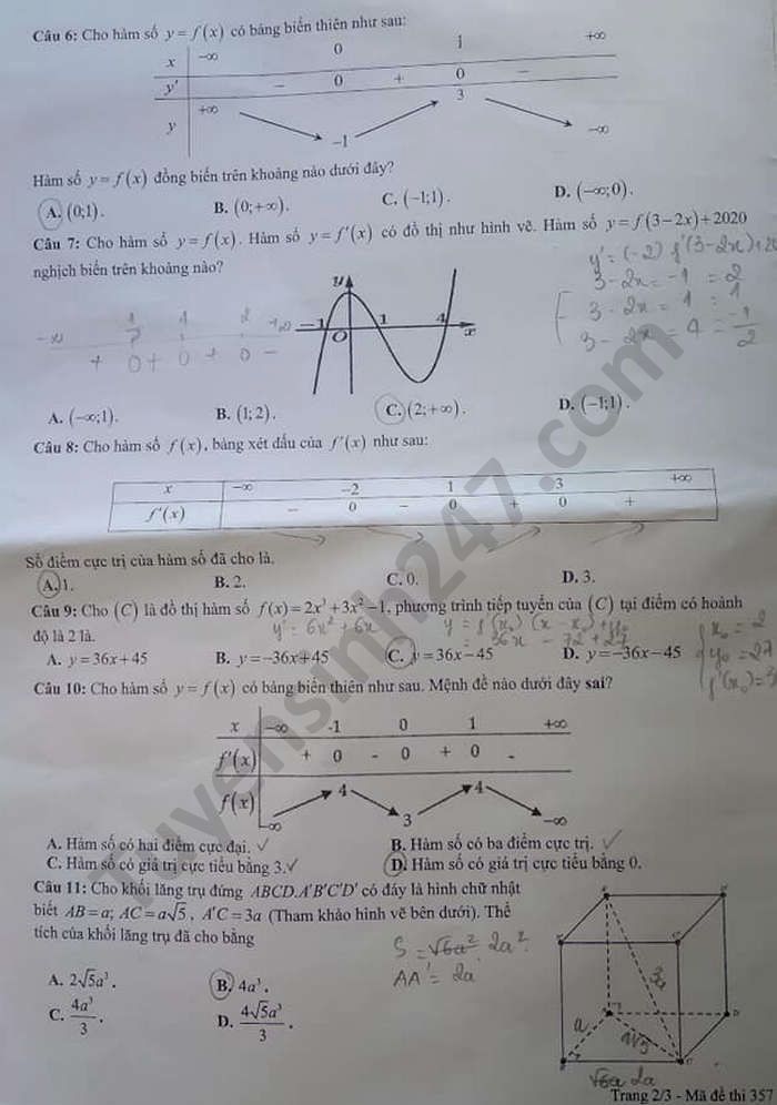 De kiem tra giua HK1 mon Toan lop 12 THPT Phuoc Kien 2020