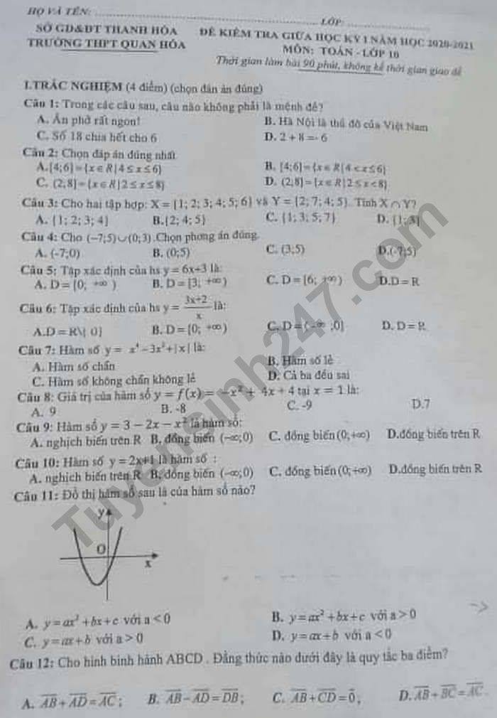 De kiem tra giua HK1 2020 Toan lop 10 THPT Quan Hoa