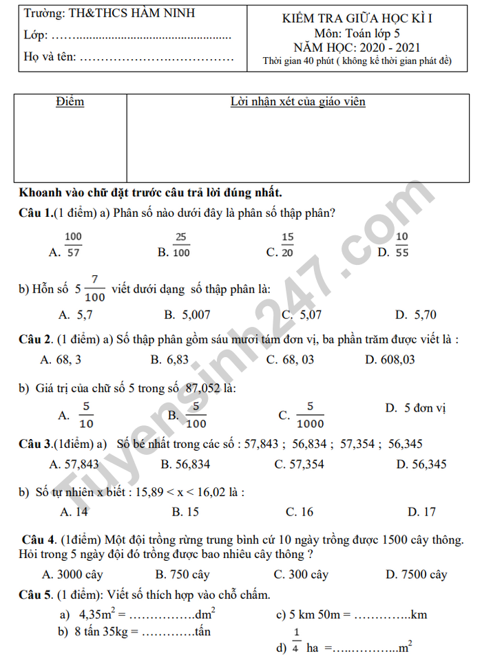De kiem tra giua HK 1 lop 5 mon Toan - TH&THCS Ham Ninh 2020