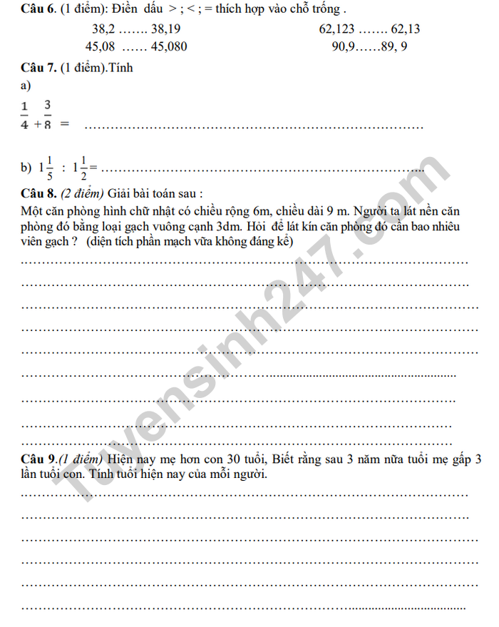 De kiem tra giua HK 1 lop 5 mon Toan - TH&THCS Ham Ninh 2020