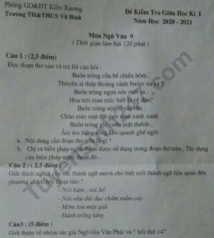 De kiem tra giua ki 1 nam 2020 - TH&THCS Vu Binh mon Van lop 9