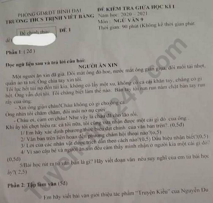 De kiem tra giua HK1 THCS Trinh Viet Bang Van lop 9 nam 2020