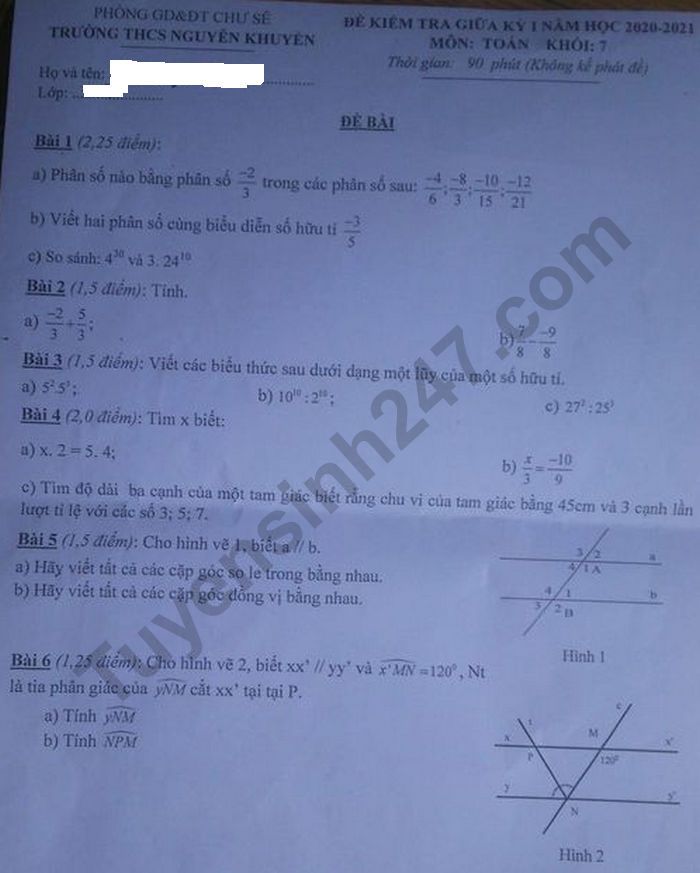 De kiem tra giua ki 1 mon Toan lop 7 - THCS Nguyen Khuyen 2020