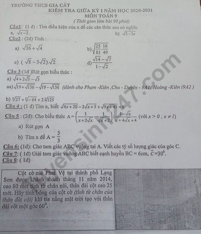 De kiem tra giua ki 1 mon Toan lop 9 Truong THCS Gia Cat 2020