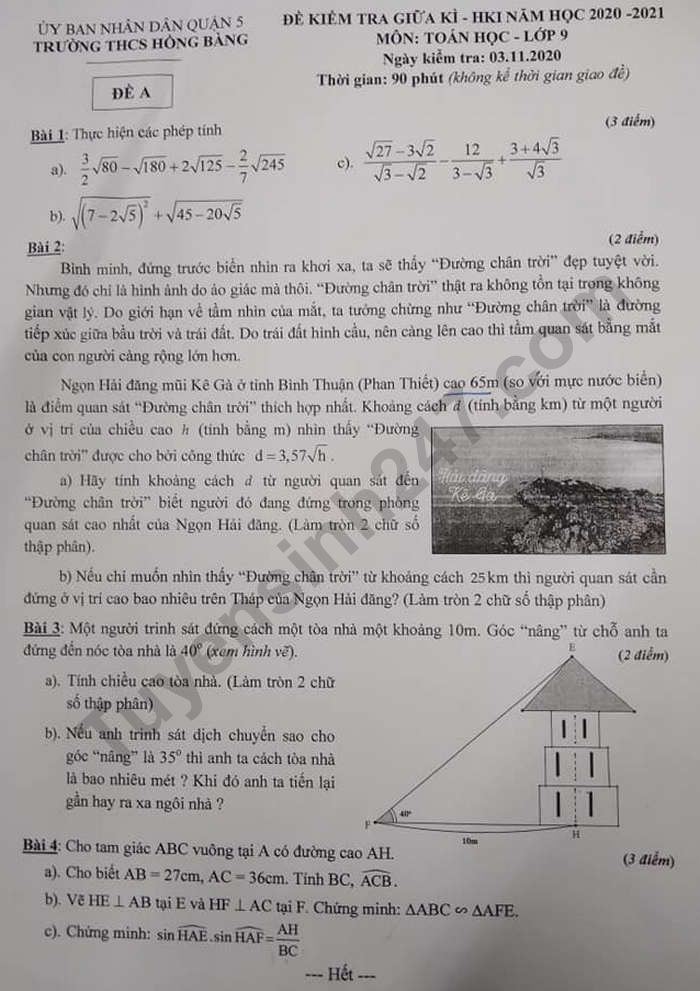 De kiem tra giua HK1 mon Toan lop 9 Truong THCS Hong Bang 2020
