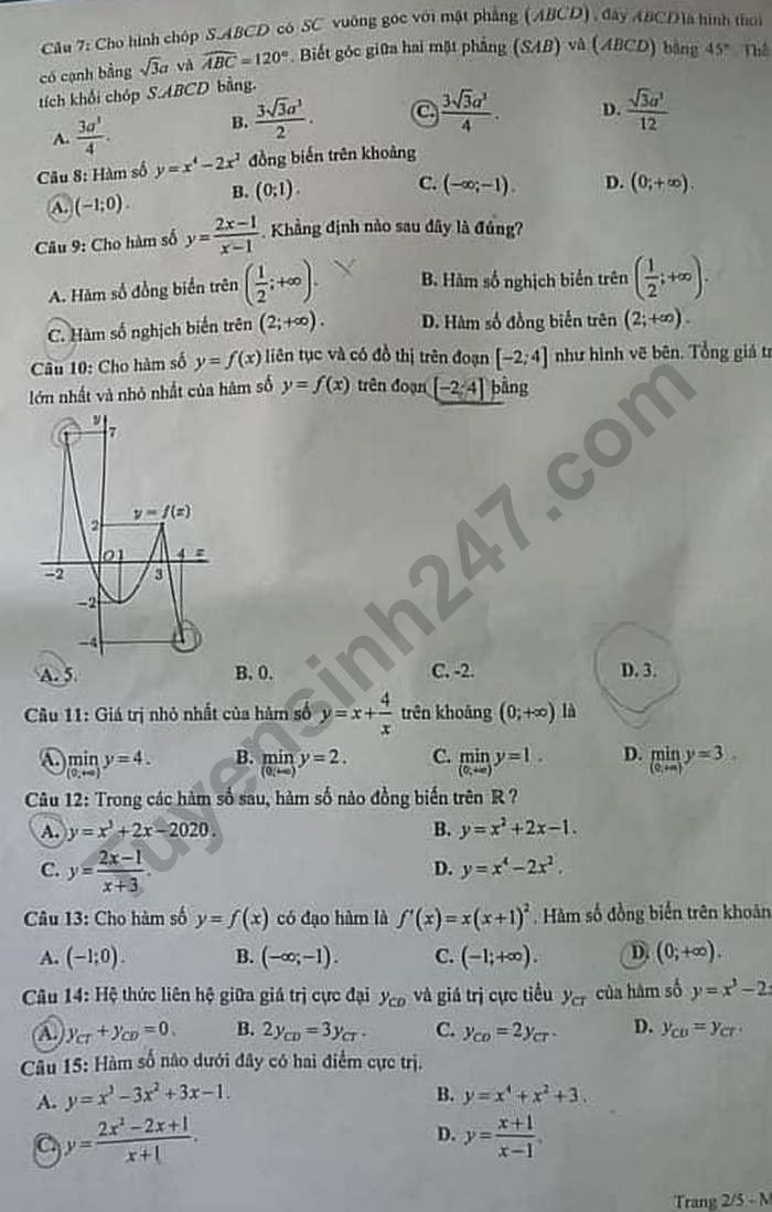 De kiem tra giua ki 1 mon Toan lop 12 - THPT Nguyen Huu Cau 2020