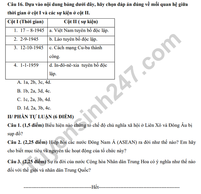 De kiem tra giua HK1 mon Su lop 9 - THCS Nguyen Thi Minh Khai 2020