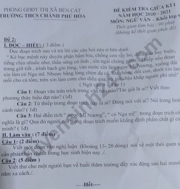 De kiem tra giua ki 1 mon Van lop 9 - THCS Chanh Phu Hoa 2020