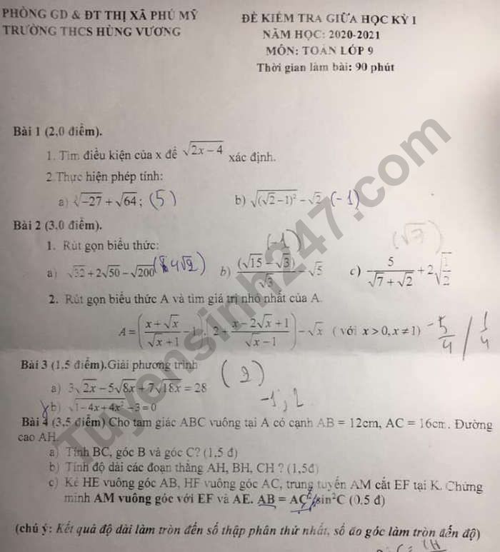De kiem tra giua ki 1 THCS Hung Vuong nam 2020 mon Toan 9