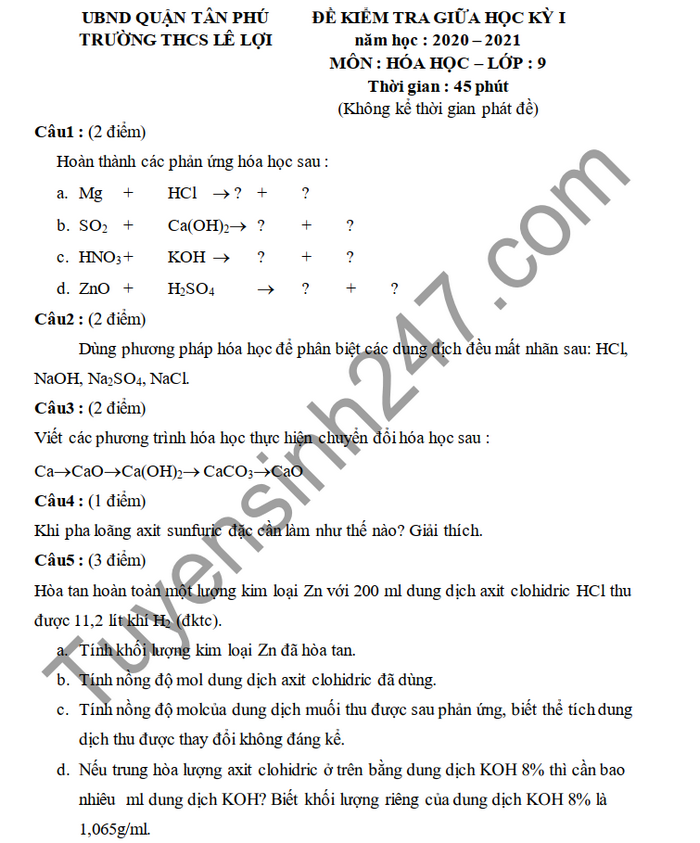 De kiem tra giua HK1 mon Hoa lop 9 nam 2020 THCS Le Loi