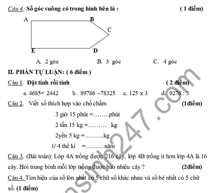 De kiem tra giua HK1 nam 2020 Toan lop 4 TH Ha Huy Tap