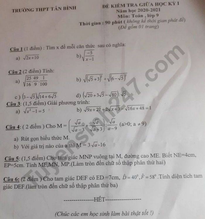 De kiem tra giua HK1 Toan lop 9 nam 2020 THPT Tan Binh