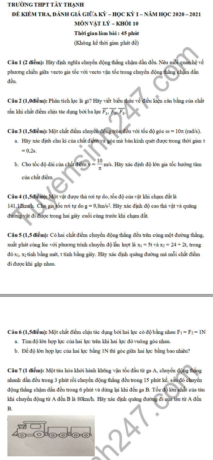 De kiem tra giua HK1 mon Ly lop 10 THPT Tay Thanh 2020