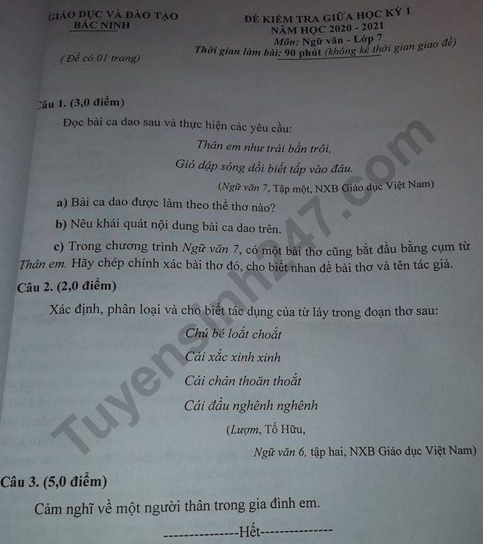 De kiem tra giua HK1 nam 2020 mon Van lop 7 tinh Bac Ninh