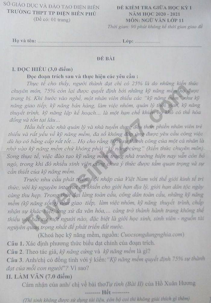 De kiem tra giua HK 1 nam 2020 THPT Dien Bien Phu mon Van lop 11