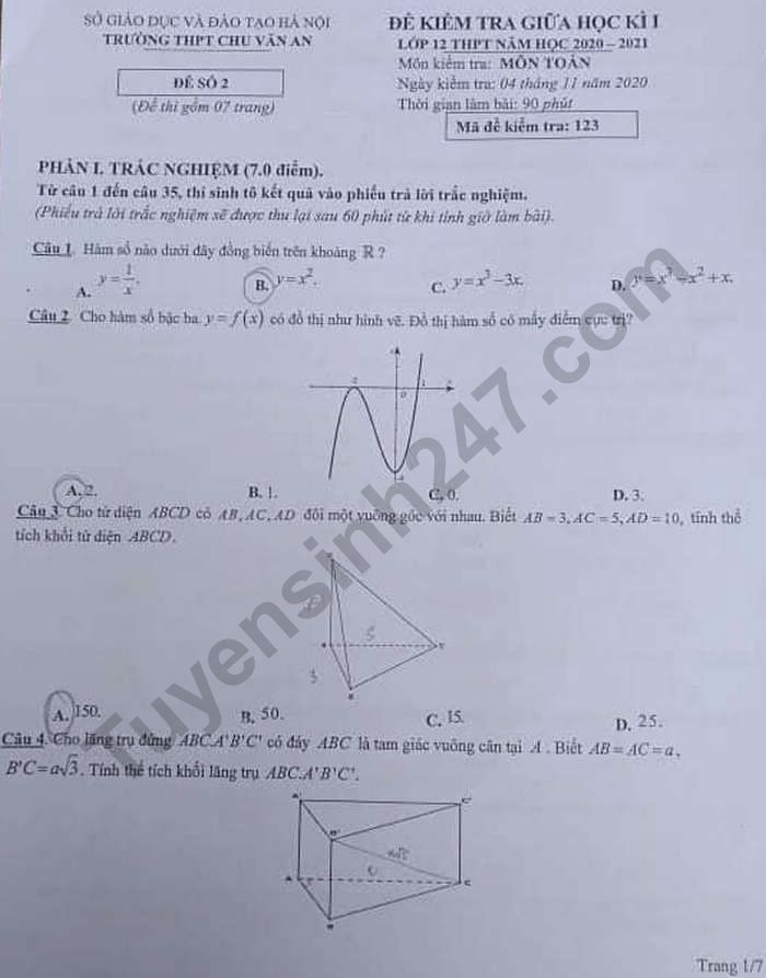 De kiem tra giua HK1 lop 12 nam 2020 mon Toan - THPT Chu Van An