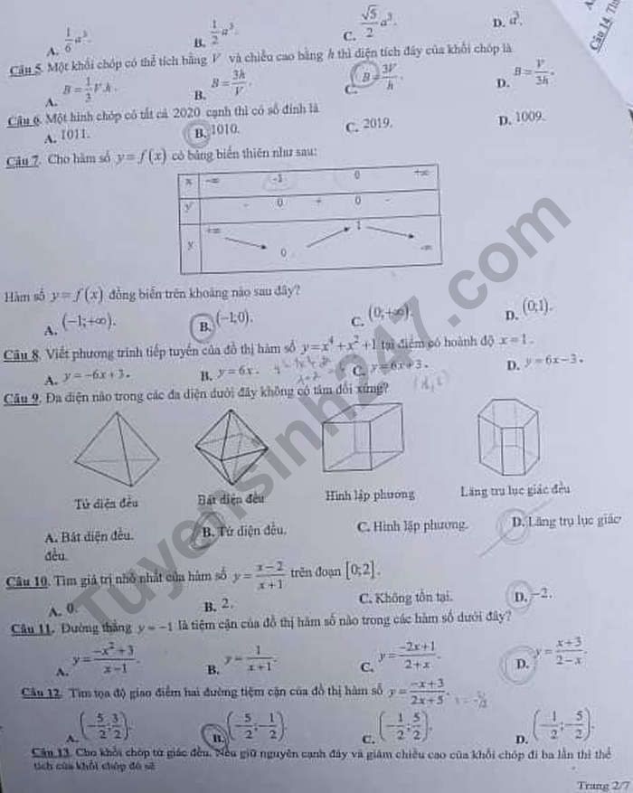 De kiem tra giua HK1 lop 12 nam 2020 mon Toan - THPT Chu Van An