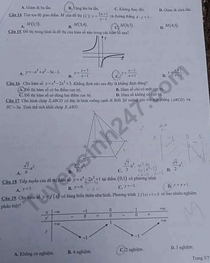 De kiem tra giua HK1 lop 12 nam 2020 mon Toan - THPT Chu Van An