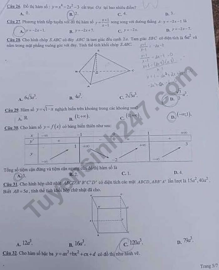 De kiem tra giua HK1 lop 12 nam 2020 mon Toan - THPT Chu Van An