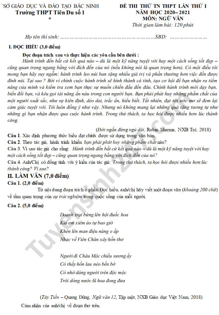 De thi thu tot nghiep THPT Van lan 1 THPT Tien Du so 1 nam 2021