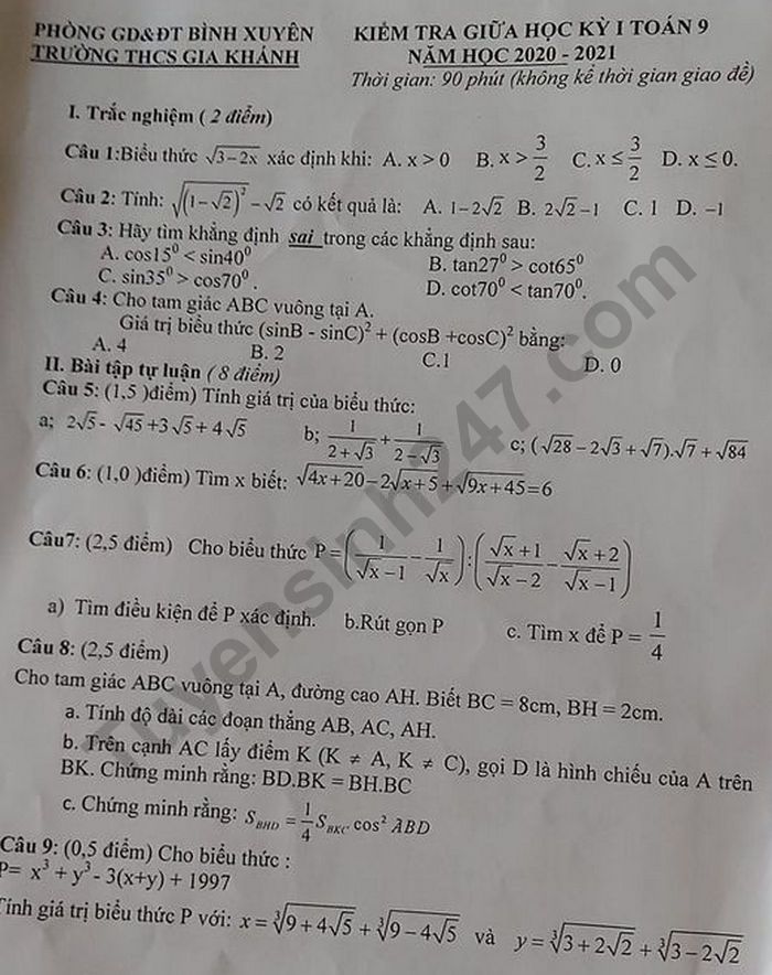 De kiem tra giua HK1 Toan 9 nam 2020 THCS Gia Khanh