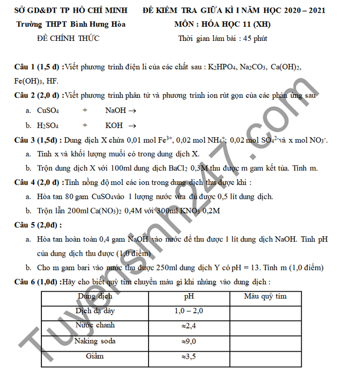 De kiem tra giua HK1 Hoa lop 11 THPT Binh Hung Hoa 2020