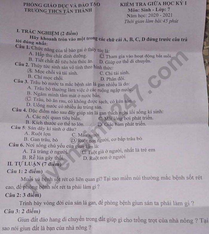 De kiem tra giua HK1 nam 2020 THCS Tan Thanh mon Sinh lop 7