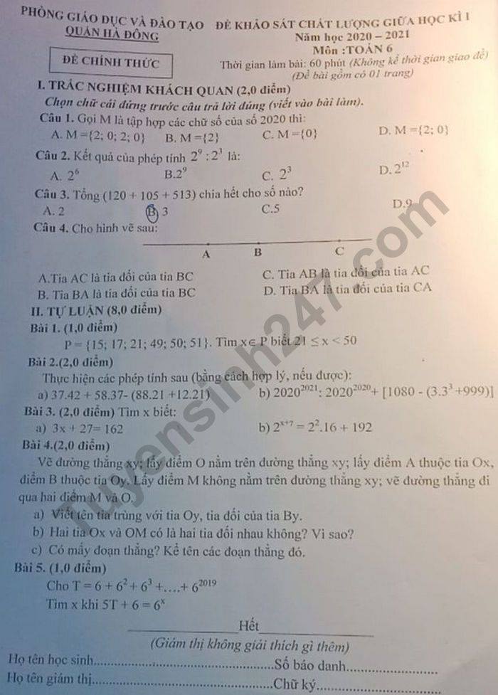 De kiem tra giua HK1 nam 2020 mon Toan lop 6 Quan Ha Dong